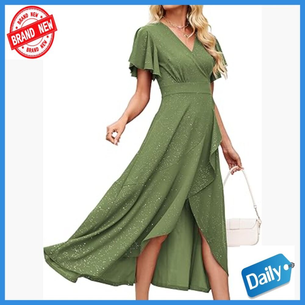 Elegant V-Neck Ruffle Sleeve Formal Dress, Slim Fit, Long Evening Gown